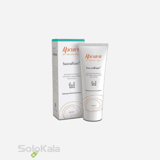 کرم ترمیم کننده راکوتن مدل +Sucralfate مناسب انواع پوست - نمای جلویی محصول و جعبه محصول